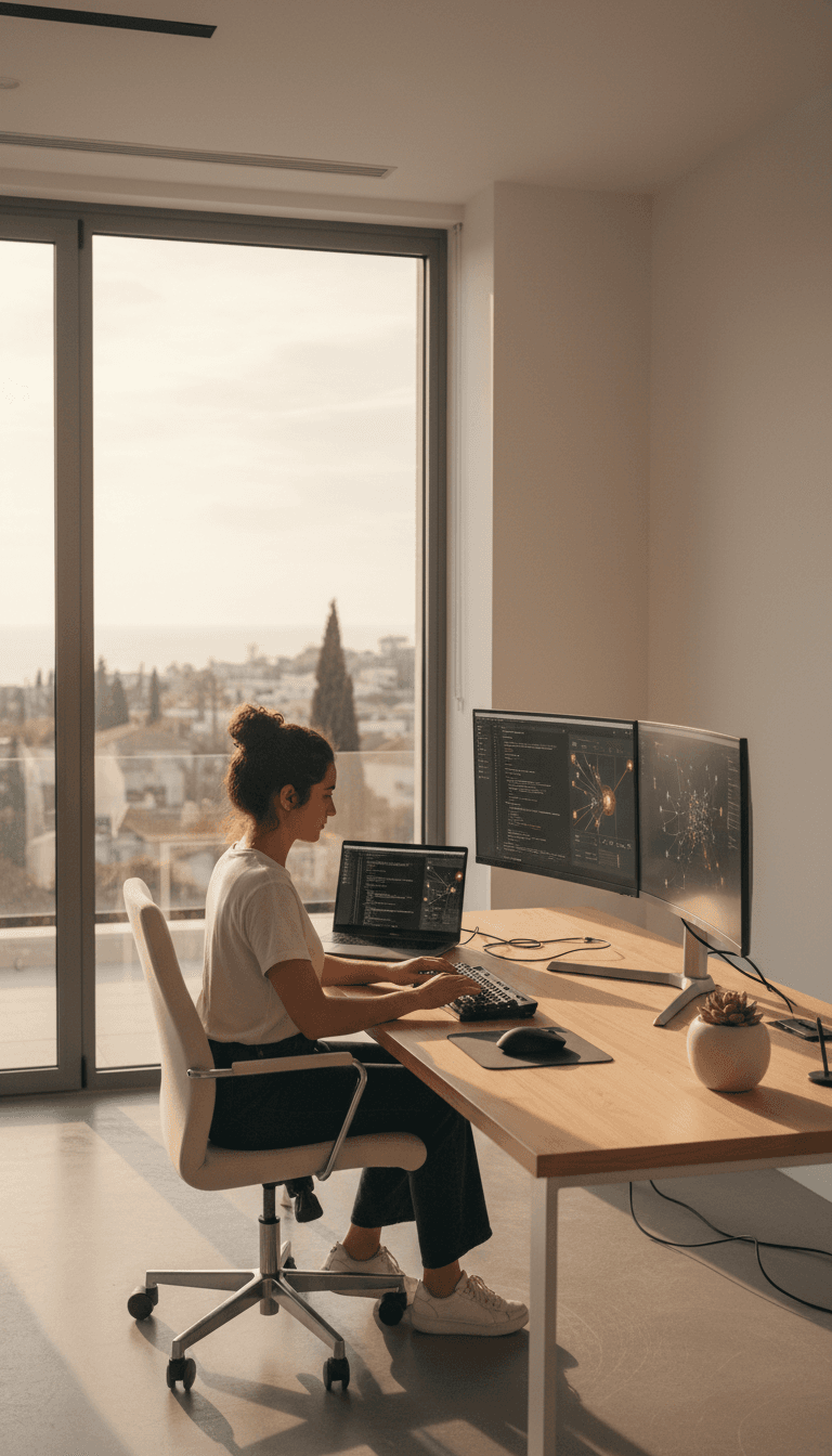 Developer working at modern tech workspace with laptop and monitors