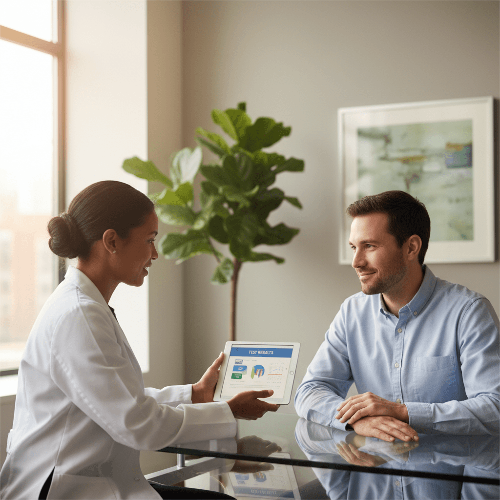 Female physician explaining medical results to attentive patient in bright, modern medical office setting with natural light