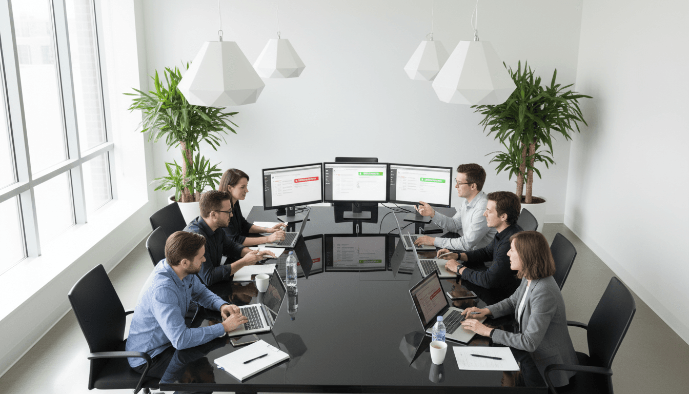 Diverse writing team collaborating around conference table with laptops and monitors showing shared documents