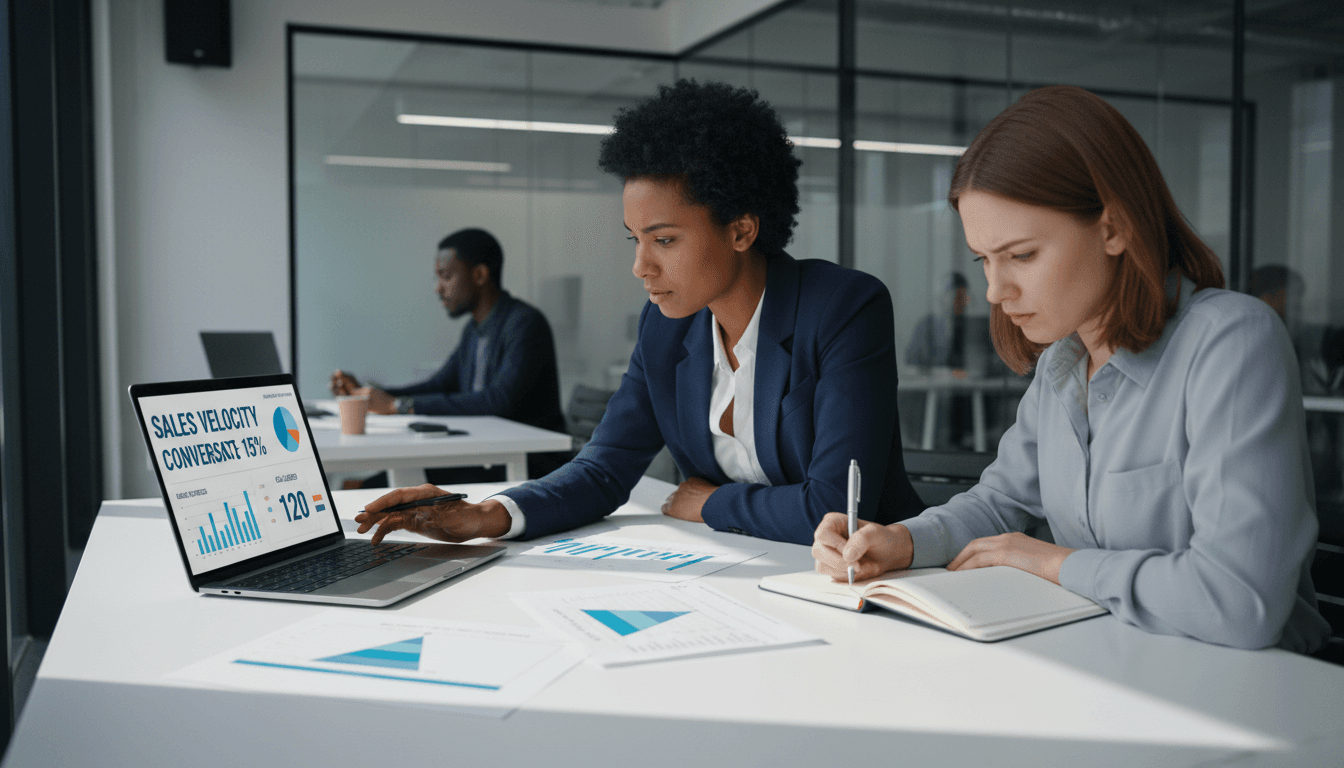 Sales coach and client reviewing performance metrics on laptop during intensive one-on-one coaching session in modern office